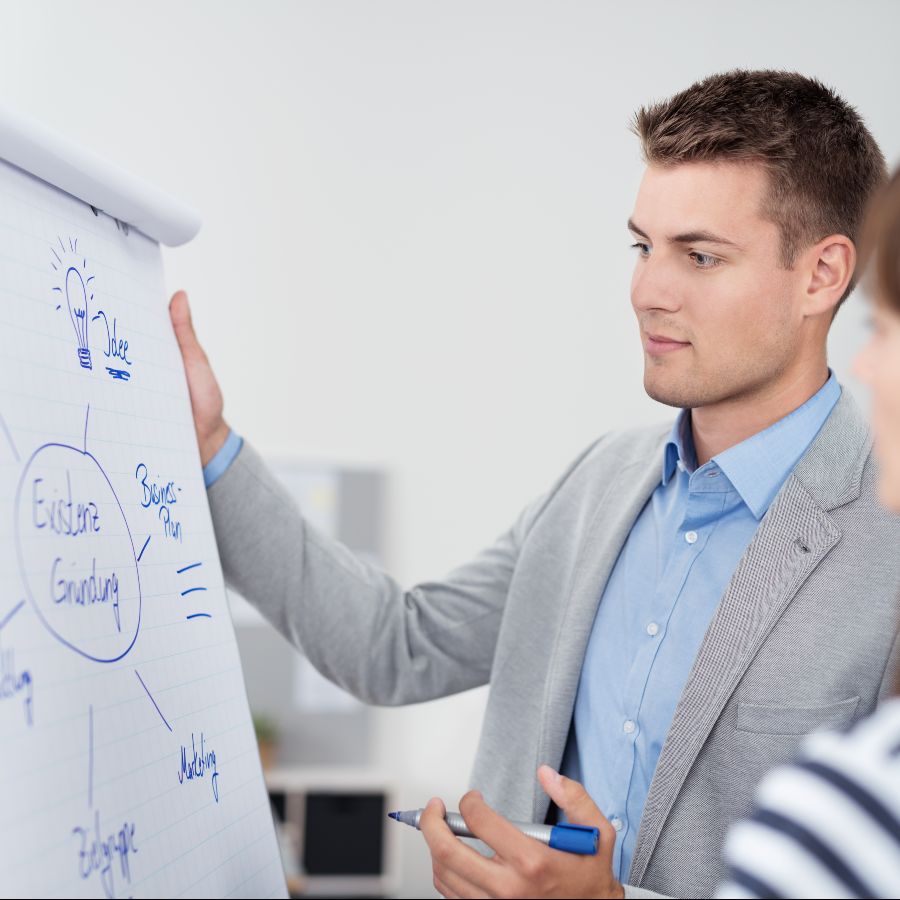 Eine junge Frau mit dunklen Haaren steht neben einem Flipchart und lächelt einem Mann zu, der im Bildvordergrund nur von hinten zu sehen ist. 